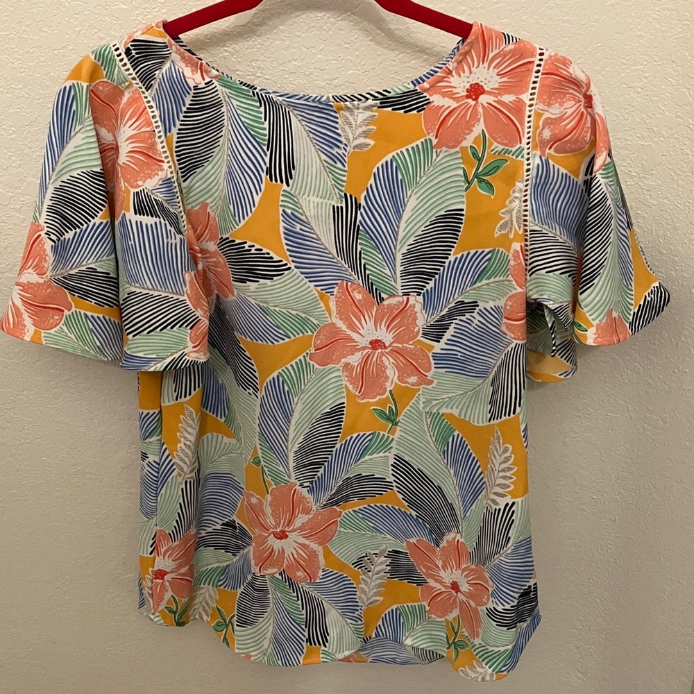 Ann Taylor Factory Tropical Floral Blouse in Orange and Blue
